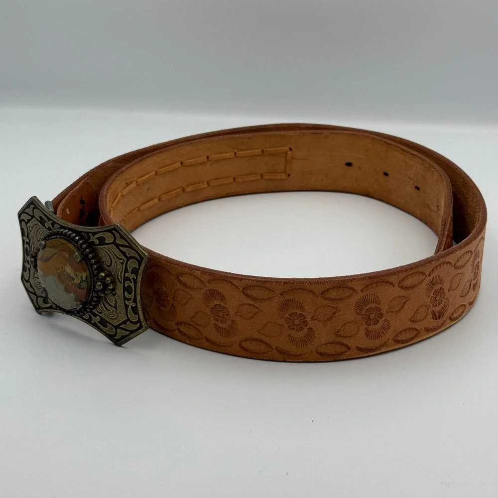Tooled Leather Belt Mens Jasper Stone Buckle 44 Tan Brown Western Boho Handmade